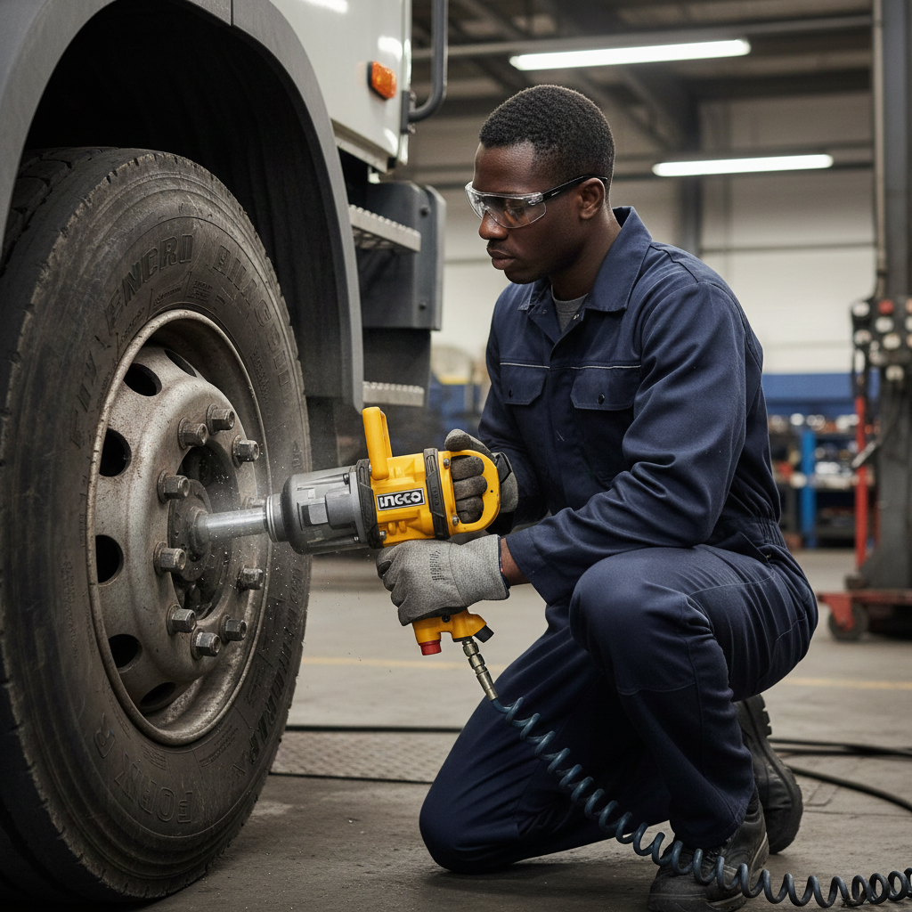 2026/06/1002853469.png - pricemagicgh.com Mechanic in safety glasses tightening lug nuts on a truck wheel with a yellow pneumatic impact wrench in a workshop.