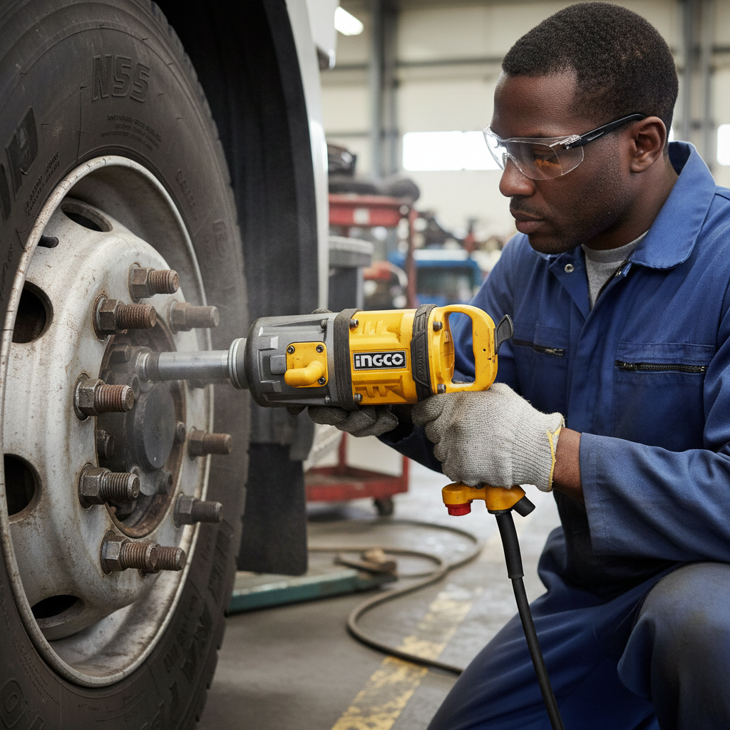 2026/06/1002853470.png - pricemagicgh.com Mechanic wearing safety glasses tightens lug nuts on a truck wheel with a yellow cordless impact wrench.