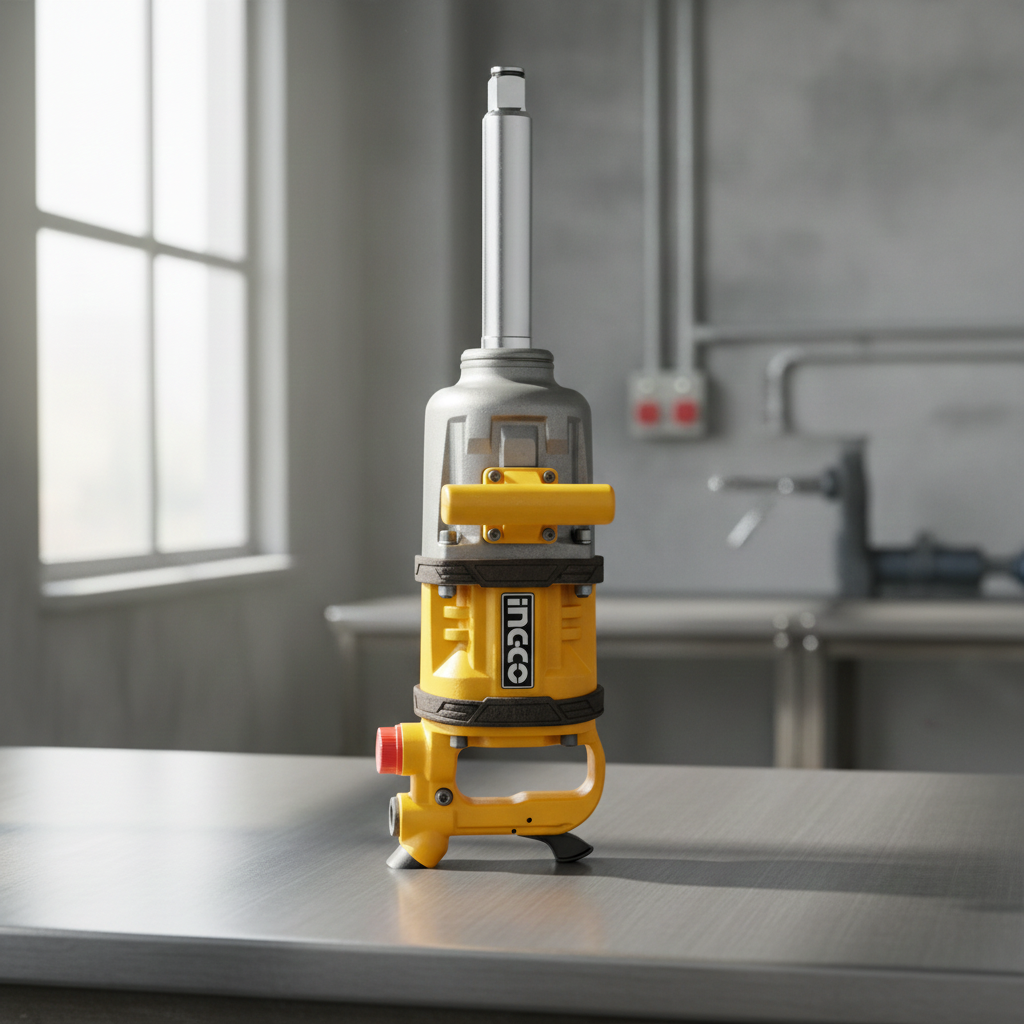 2026/06/1002853566.png - pricemagicgh.com Yellow Ingco demolition hammer resting on a metal worktable in a workshop, with gray walls and equipment in the background.