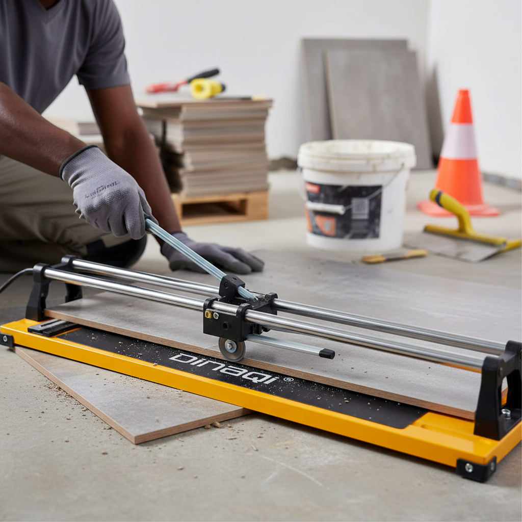 2026/06/1002853681.png - pricemagicgh.com Construction worker wearing gloves scores a ceramic tile with a tile cutter on a concrete floor in a renovation site.
