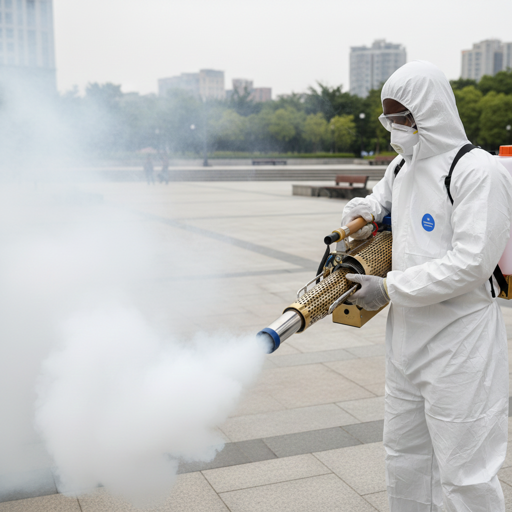 2026/06/1002856162-1.png - pricemagicgh.com Worker in a full protective suit and mask uses a fogging device to disinfect an outdoor plaza, releasing white mist.
