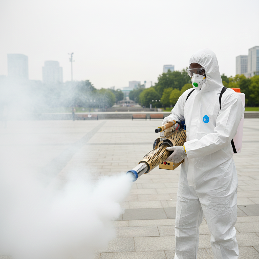 2026/06/1002856163-1.png - pricemagicgh.com Person in full protective suit and mask disinfects an outdoor plaza with a handheld fogging device in use at a park area.