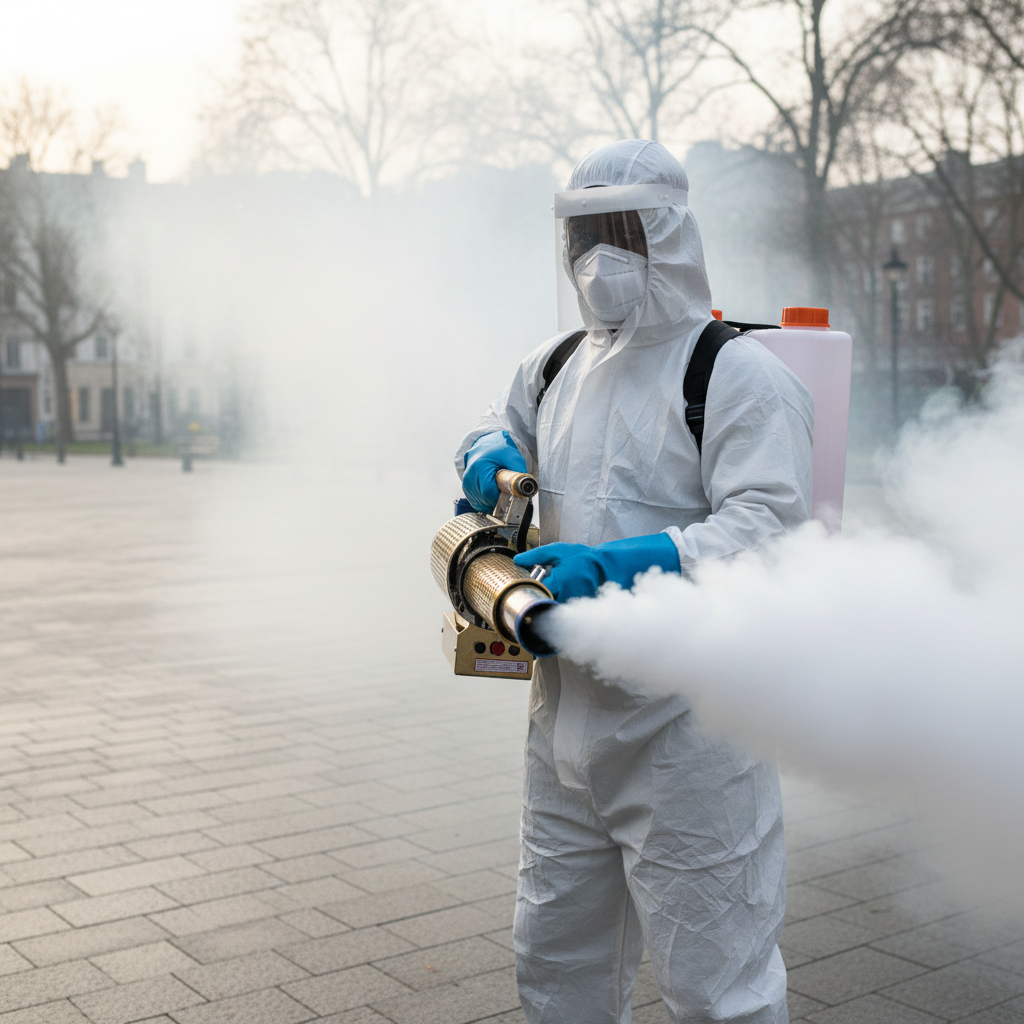 2026/06/1002856164-1.png - pricemagicgh.com Worker in a hazmat suit with a backpack sprayer releasing disinfectant fog in an outdoor square (public plaza).
