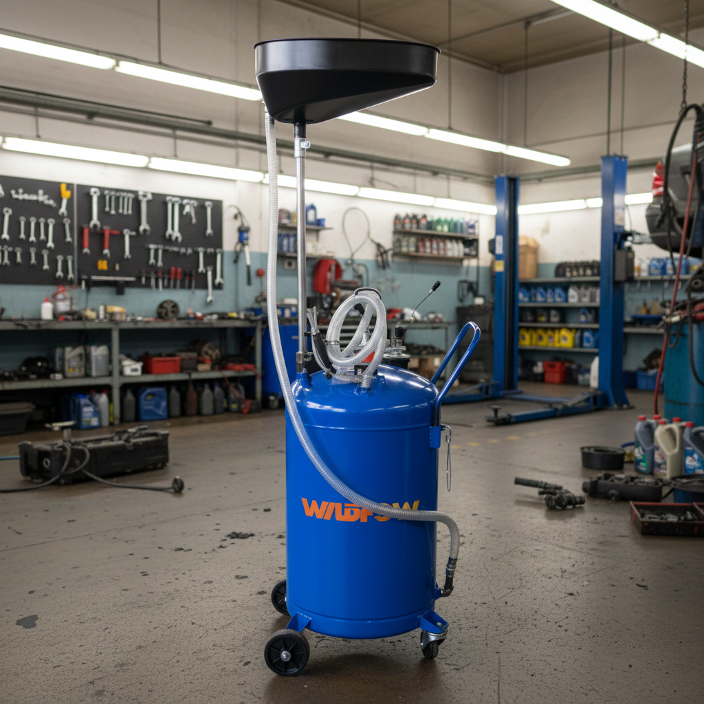 2026/06/1002860348.png - pricemagicgh.com Blue mobile oil drain with a large funnel on top, hoses attached, in a busy auto repair shop. Wheels and tool racks are visible in the background.