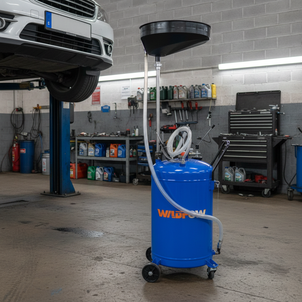 2026/06/1002860350.png - pricemagicgh.com Blue oil drain cart with a funnel and hose in an auto repair shop; car lifted on a lift in the background.