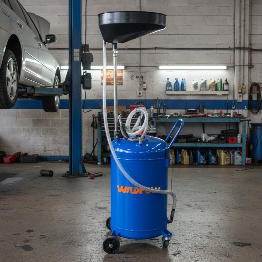 2026/06/1002860351.png - pricemagicgh.com Blue wheeled oil extraction unit in an auto repair shop, with a funnel on top and hoses attached to the canister.