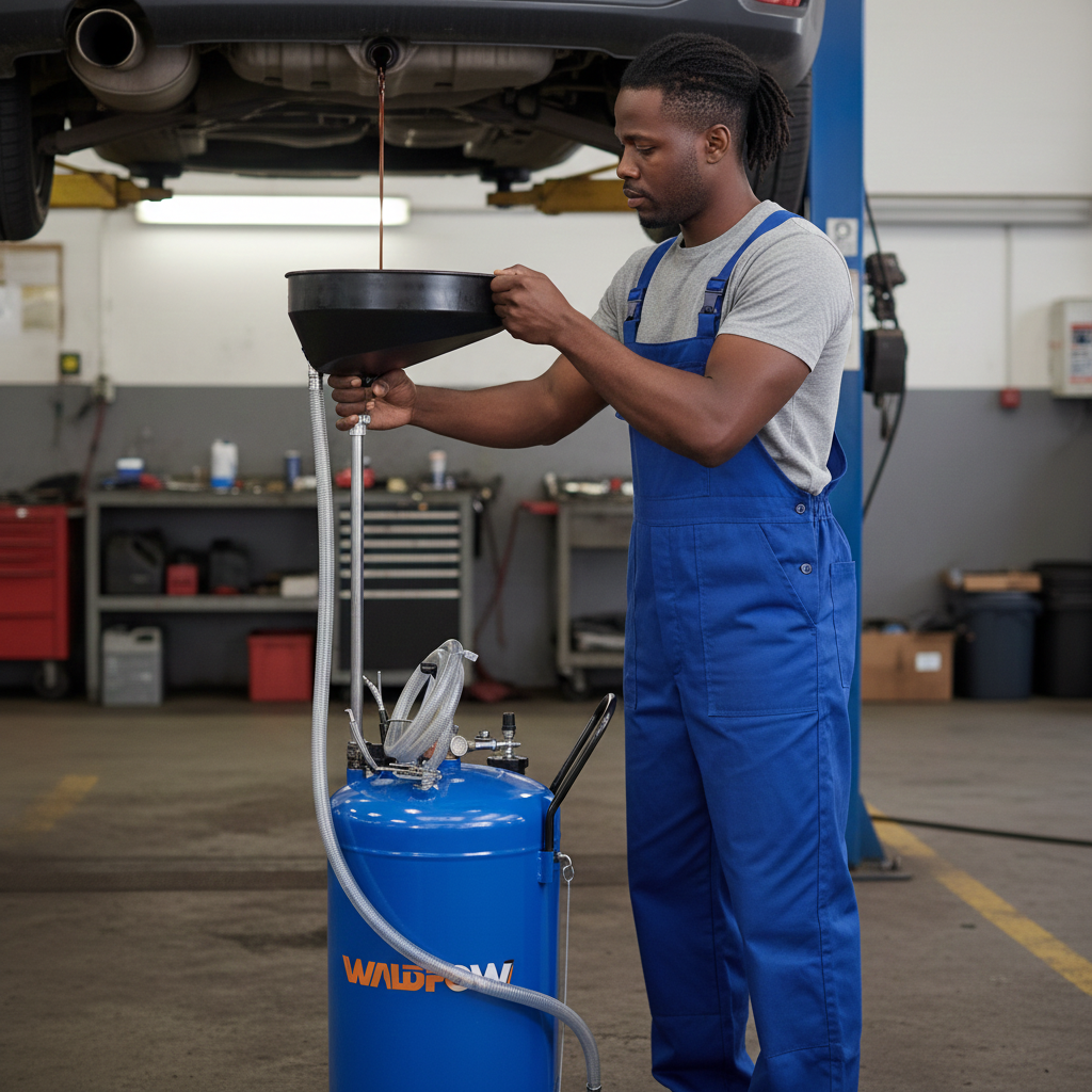 2026/06/1002860352.png - pricemagicgh.com Mechanic in blue overalls funnels car oil into a blue oil drain can beneath a lifted vehicle in a workshop.