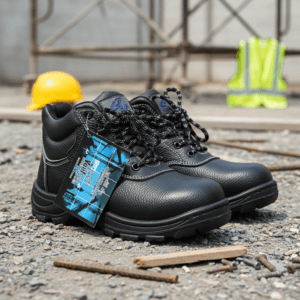 Pair of black construction boots with a blue-tag hanging from the laces on a gravel job site, yellow hard hat and a high-visibility vest in the background.