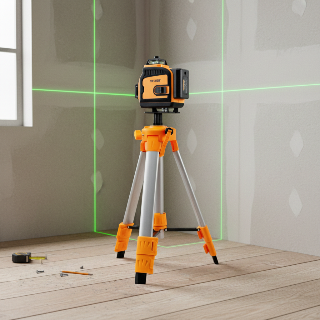 Orange and black laser level on a tripod projecting green cross lines on walls for interior layout.