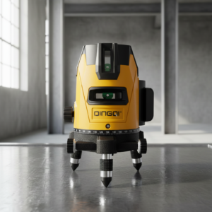 Yellow construction laser/spirit level with adjustable legs on a concrete workshop floor, used for precise leveling.