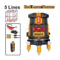 Laser level tool with five red beams and yellow–black body, shown with case and accessories for construction use.