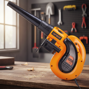 Orange heat gun resting on a wooden workbench in a workshop, with tools on a pegboard in the background.