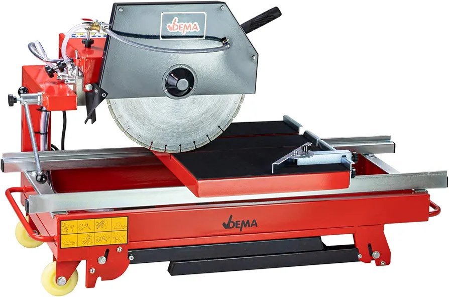 2026/06/1002880730.jpg - pricemagicgh.com Red BEMA tile saw with a circular blade and sliding metal worktable on wheels.
