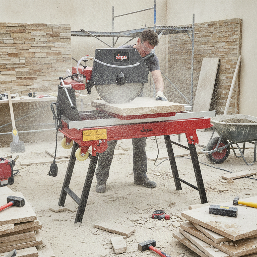 2026/06/1002880859.png - pricemagicgh.com Carpenter cutting a large plank on a red portable table saw in a dusty workshop with wood pieces around him.
