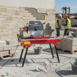 Two construction workers in hard hats and high‑visibility vests stand beside a red masonry saw on an outdoor job site with a brick wall and stacked bricks nearby.