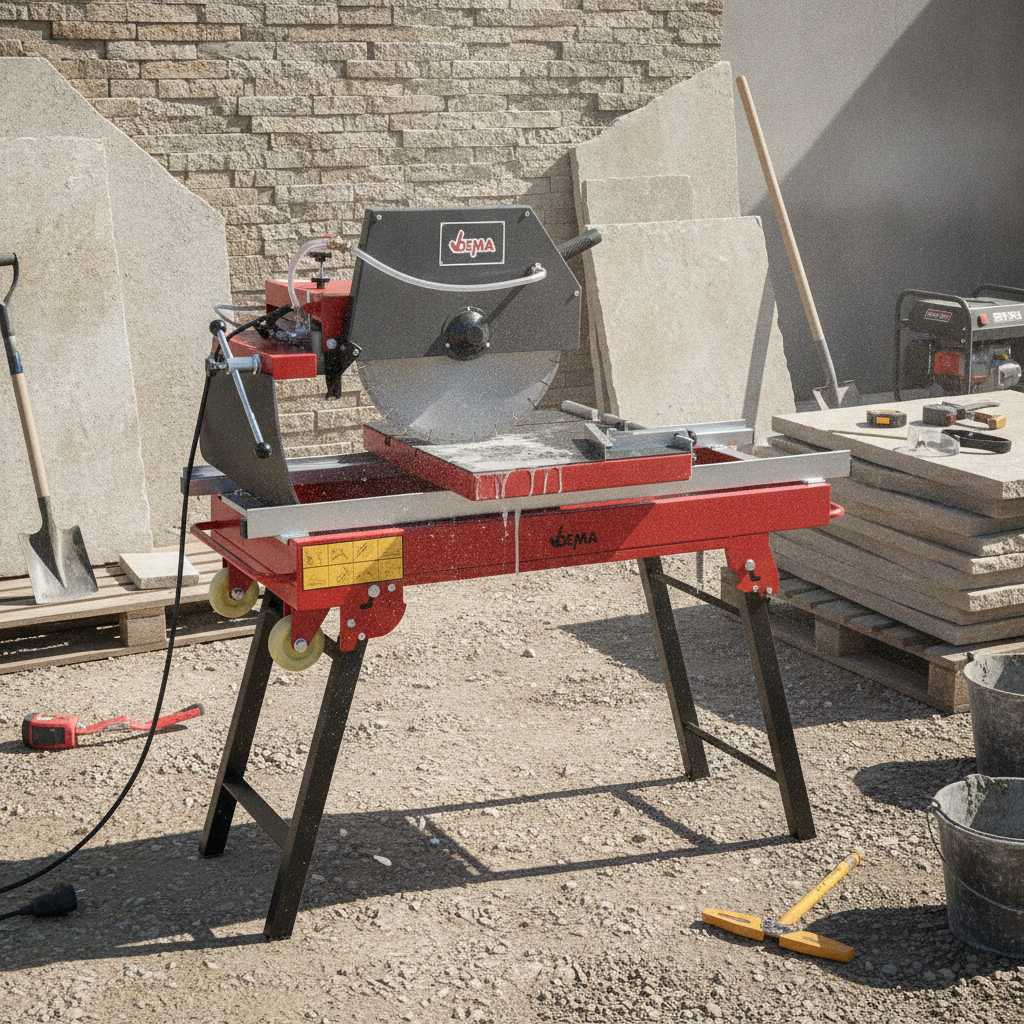 2026/06/1002880861.png - pricemagicgh.com Red masonry tile saw on a black-legged stand outdoors, with stacked stone slabs and construction tools nearby.