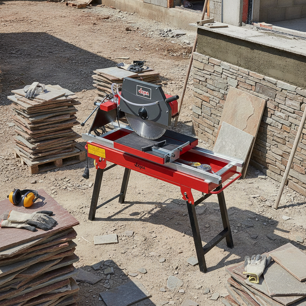 2026/06/1002880862.png - pricemagicgh.com Masonry tile saw on a red stand at a construction site with stacked stone slabs and scattered tiles around it.