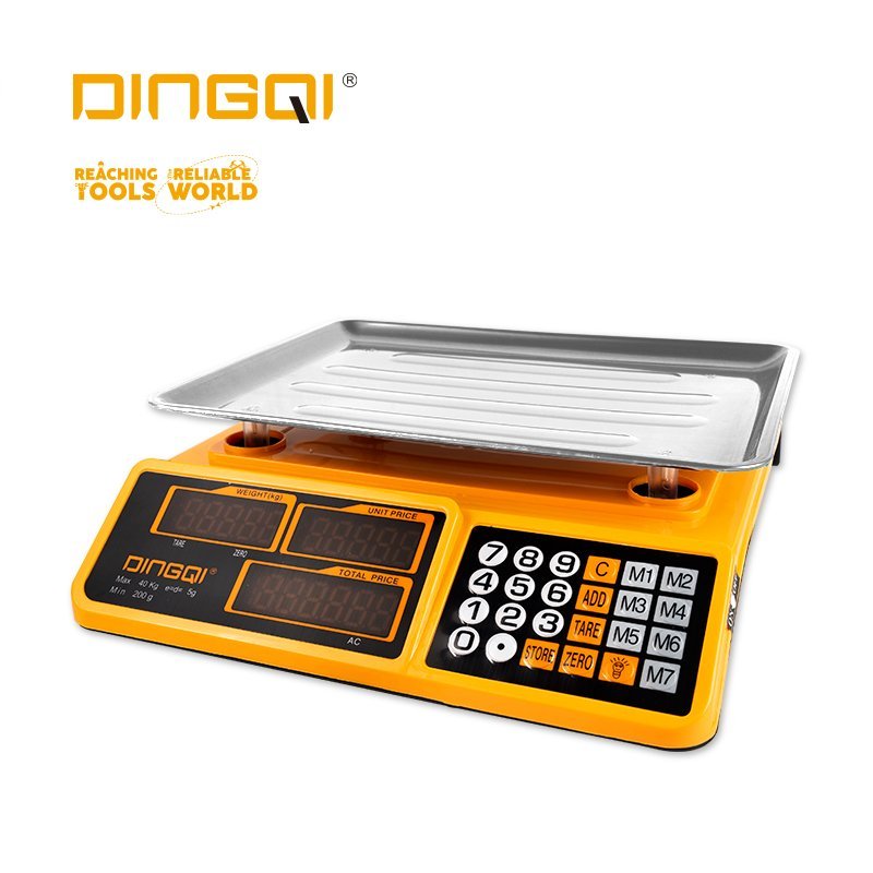 2026/06/1002882140.jpg - pricemagicgh.com Orange electronic kitchen scale with a metal weighing tray and numeric keypad, branded Dingqi on the display panel(s).