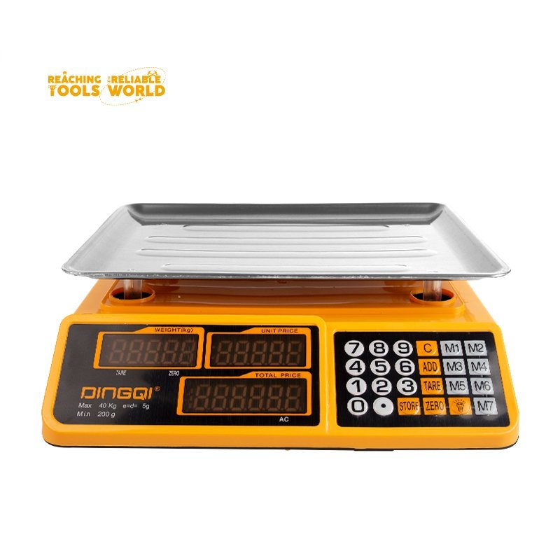2026/06/1002882141.jpg - pricemagicgh.com Orange electronic scale with a metal tray on top and a numeric keypad for weighing items.