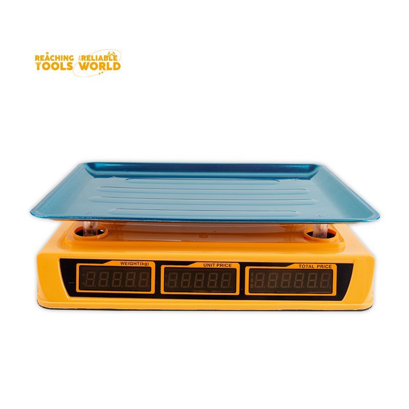 2026/06/1002882142.jpg - pricemagicgh.com Yellow electronic weighing scale with a blue tray on top; digital readouts for weight, unit price, and total price (logo in upper left corner).