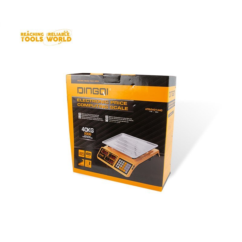 2026/06/1002882145.jpg - pricemagicgh.com Orange-and-black box for a DINGQI electronic price computing scale, 40kg capacity with digital keypad display, shown at an angle on a white background.