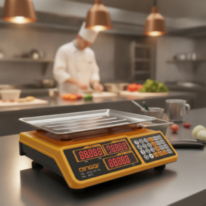 Commercial kitchen scale with a metal tray on top and glowing red digits, chef prepping ingredients in the blurred background on a stainless counter.