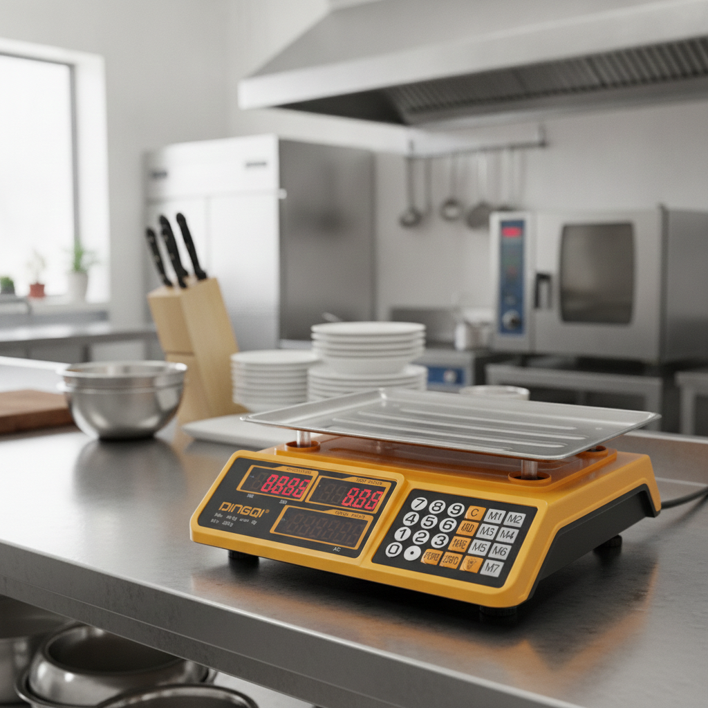 2026/06/1002882245.png - pricemagicgh.com Yellow electronic kitchen scale with a metal tray on a stainless counter in a professional kitchen.