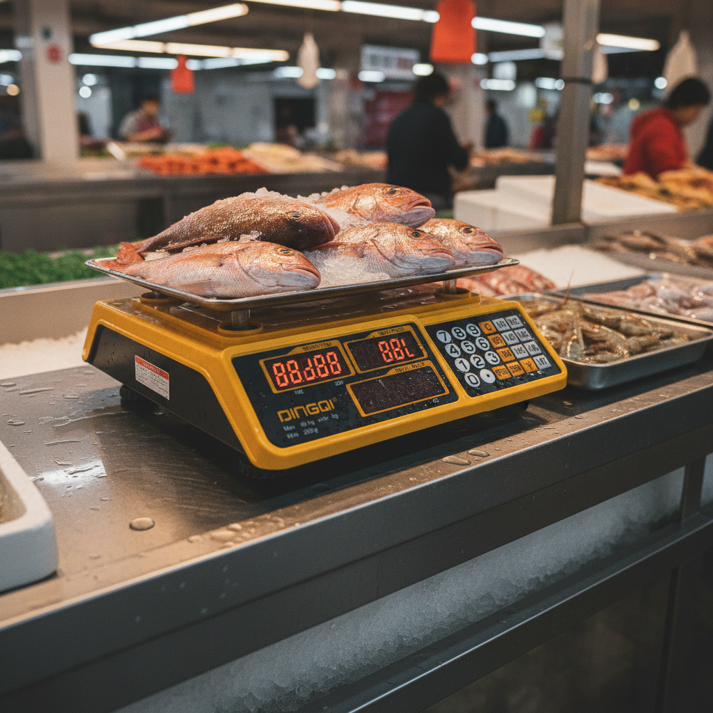 2026/06/1002882247.png - pricemagicgh.com Yellow electronic weighing scale at a seafood counter with fresh fish on a metal tray atop it.