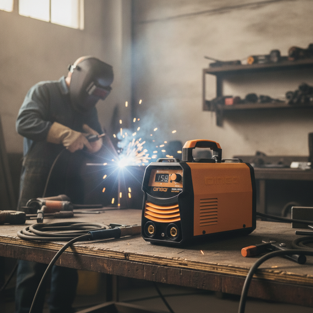 2026/06/1002882555.png - pricemagicgh.com Welder in protective gear sparks while welding metal at a workbench, with an orange portable welding machine in the foreground.