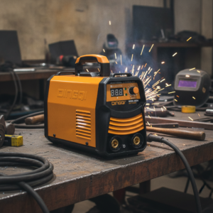 Orange welding inverter on a metal workbench with sparks flying from the weld area behind it, in a workshop setting.
