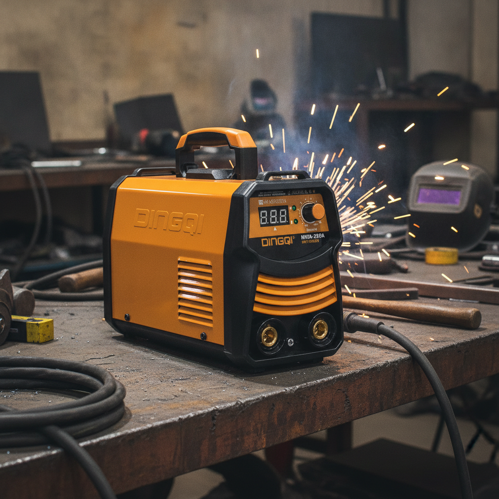 2026/06/1002882556.png - pricemagicgh.com Orange welding inverter on a metal workbench with sparks flying from the weld area behind it, in a workshop setting.