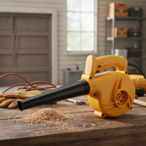 Yellow handheld electric dust blower on a wooden workbench with wood shavings in a workshop setting.