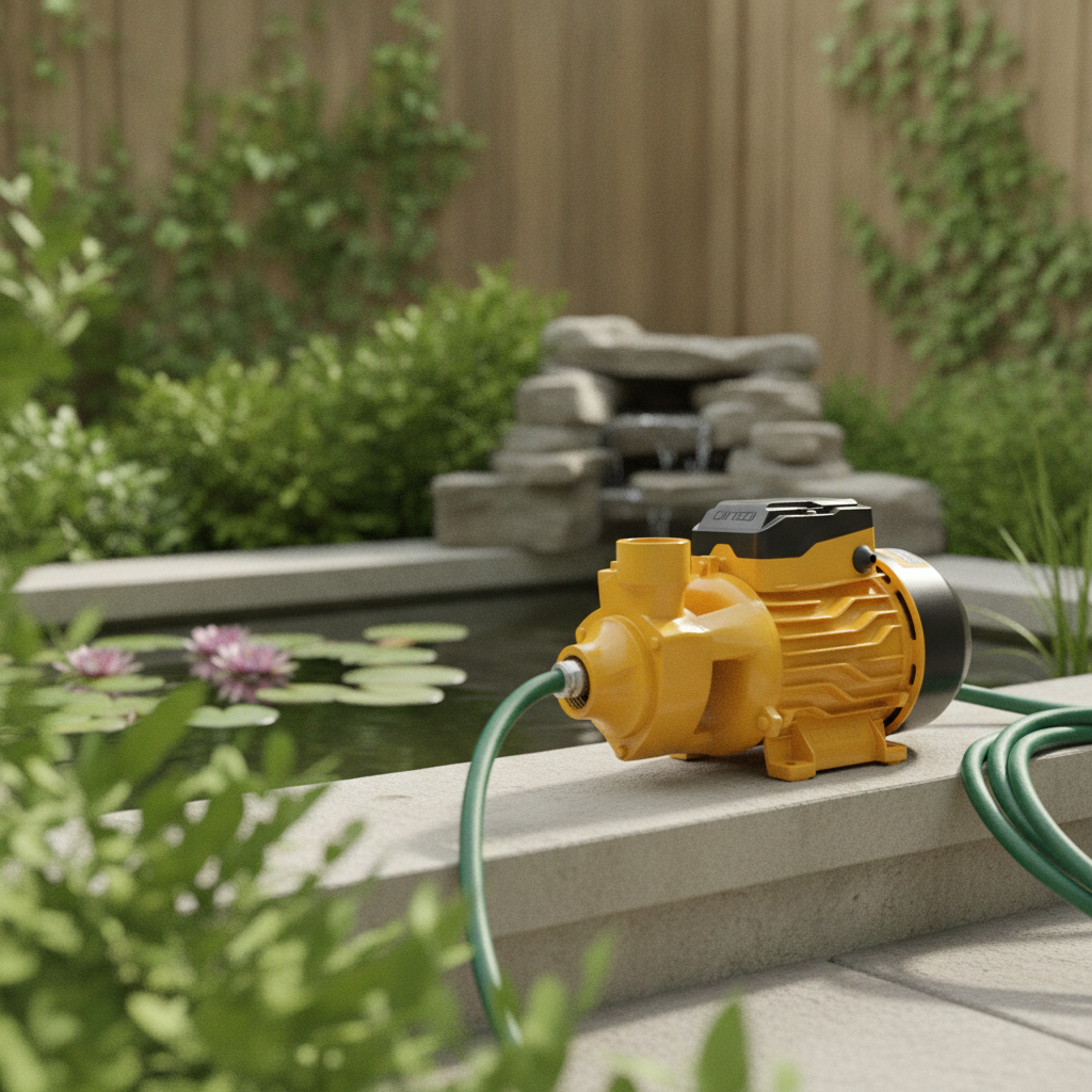 2026/06/1002882856.png - pricemagicgh.com Yellow water pump placed on a garden edge beside a pond with lily pads and a rock fountain in the background.