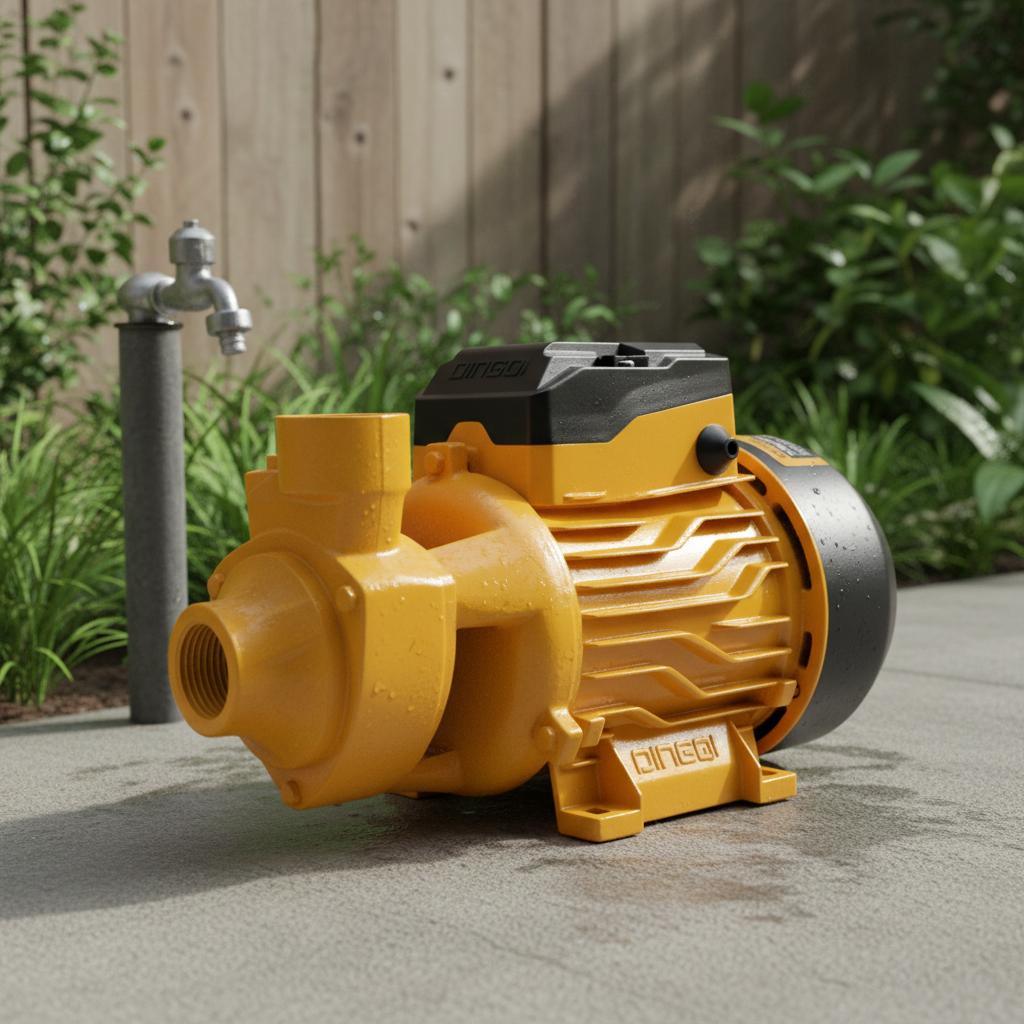 2026/06/1002882857.png - pricemagicgh.com Orange industrial water pump on a concrete patio with a garden and a faucet in the background, ready for irrigation use.