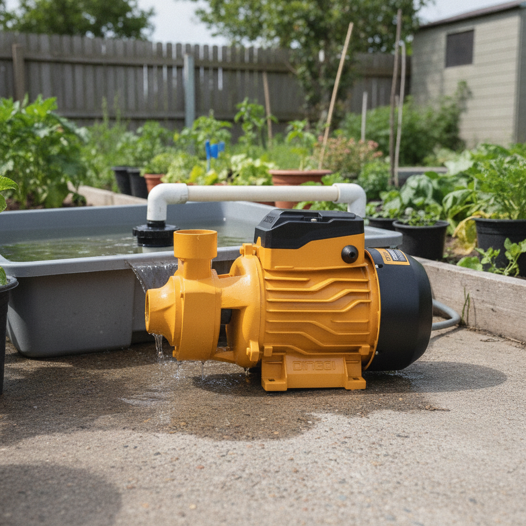 2026/06/1002882858.png - pricemagicgh.com Electric orange pond pump on a wet concrete surface with a small garden pond and plants in the background.