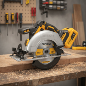 Cordless miter saw on a wooden workbench in a workshop, with sawdust around and yellow-and-black tools on a pegboard in the background.