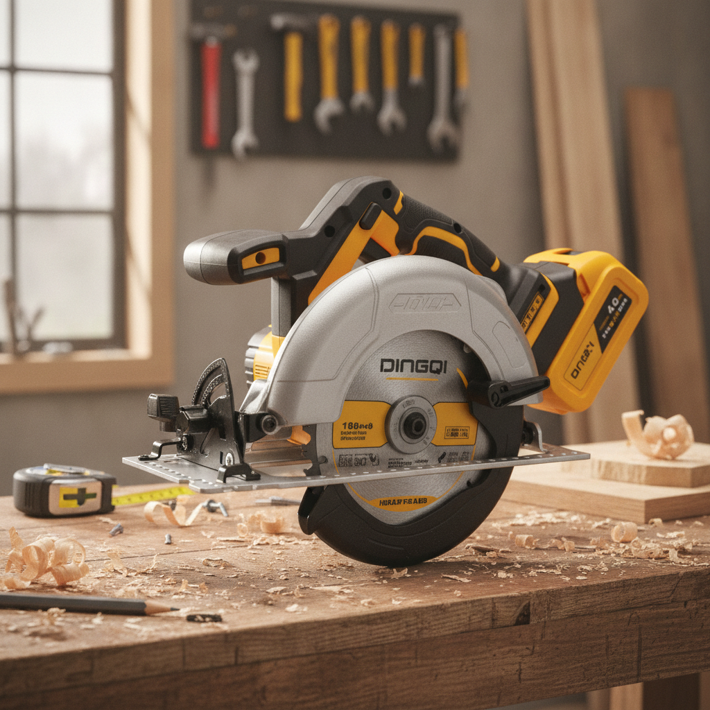 2026/06/1002883790.png - pricemagicgh.com Cordless circular saw on a wooden workbench with wood shavings, yellow-black handle, and a wall of tools in the background (workshop scene). Alternating yellow battery pack attached to the saw rim.