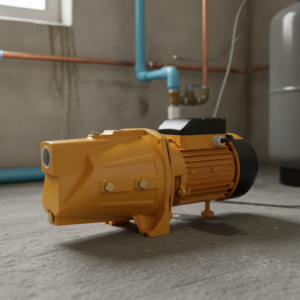 Orange industrial water pump and motor on a concrete floor in a utility room with blue and copper pipes in the background, ready to operate.