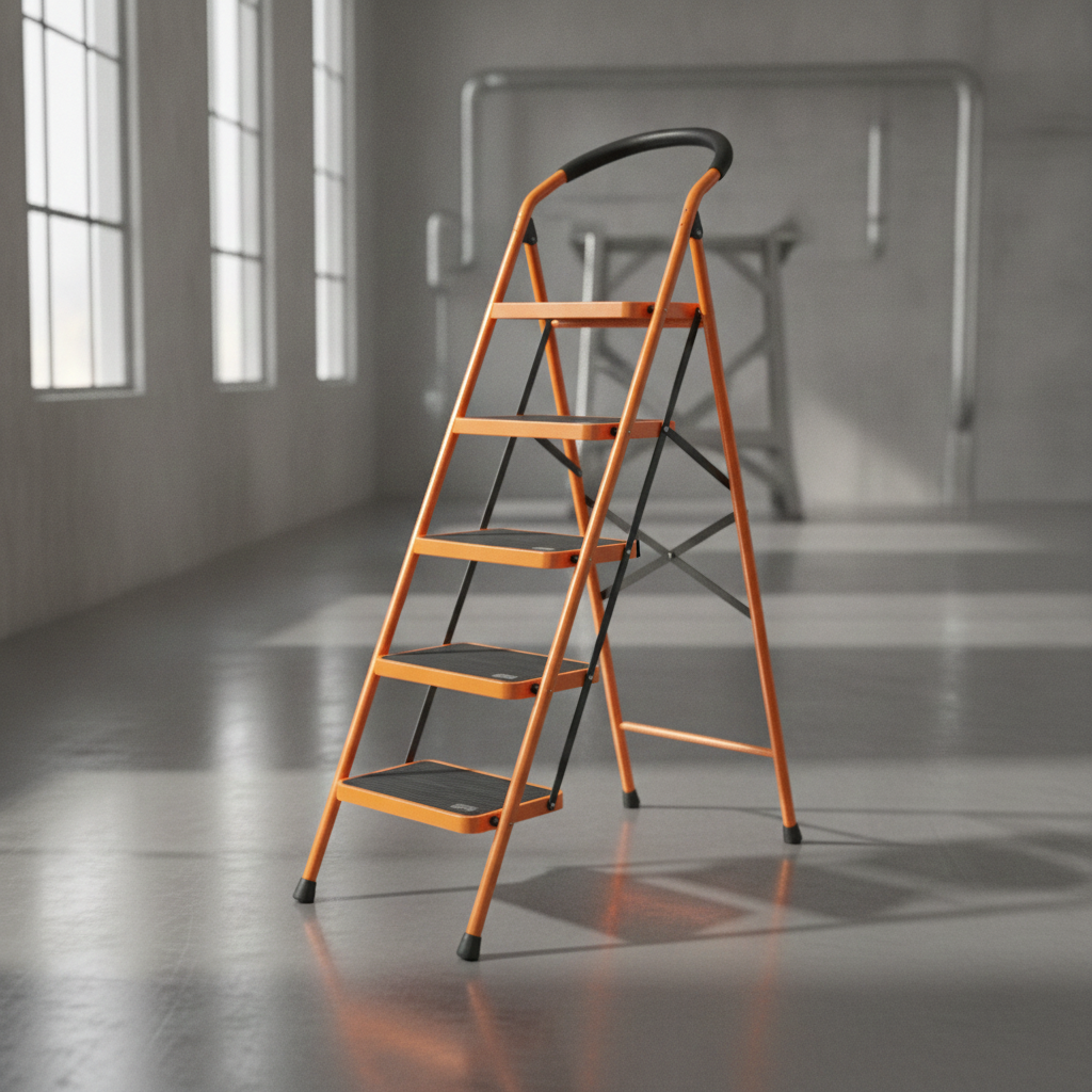 2026/06/1002884573.png - pricemagicgh.com Orange folding step ladder in an empty, sunlit workshop with large windows in the background.