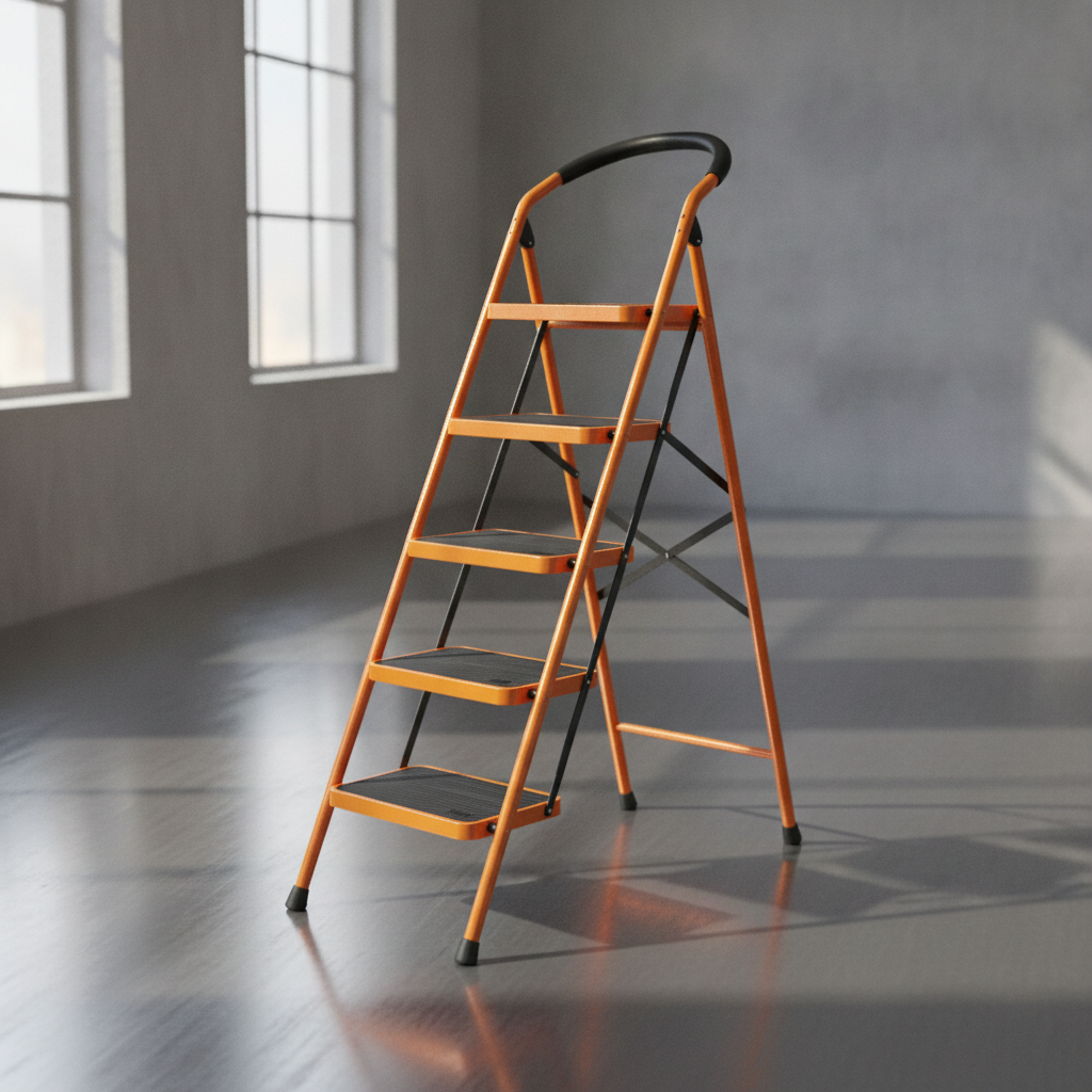 2026/06/1002884576.png - pricemagicgh.com Orange metal step ladder with five steps set up in a sunlit empty room.