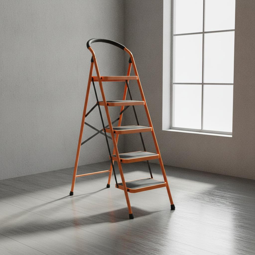 2026/06/1002884578.png - pricemagicgh.com Orange five-step stepladder standing in a sunlit empty room by a tall window, ready for use.