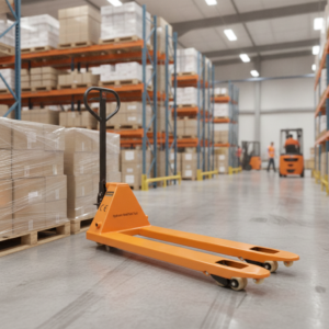 Orange pallet jack in the foreground of a large warehouse with tall racking and wrapped pallets in the background.