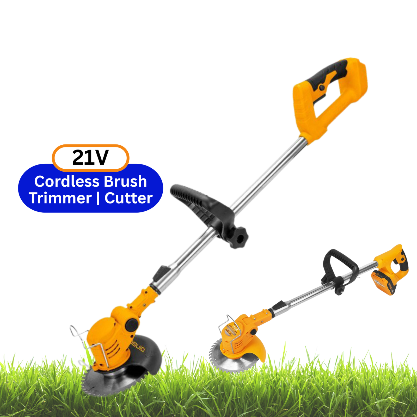 2026/06/1002888760.png - pricemagicgh.com Cordless grass trimmer in orange and black against a white background with grass at the bottom edge. (21V label visible)