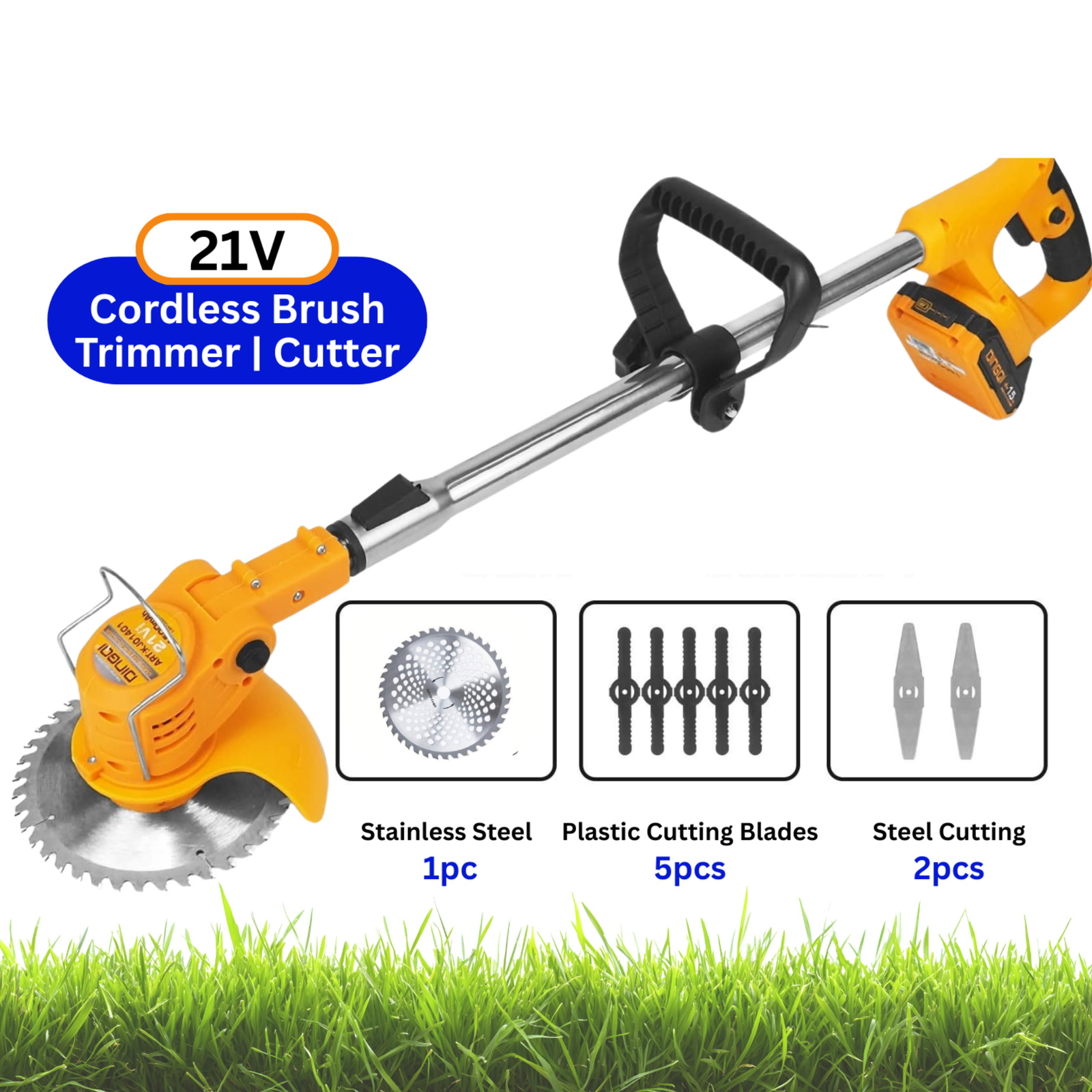 2026/06/1002888761.png - pricemagicgh.com Cordless 21V trimmer and cutter with yellow power head, black handle, and blade attachments on white background with grass at the bottom.