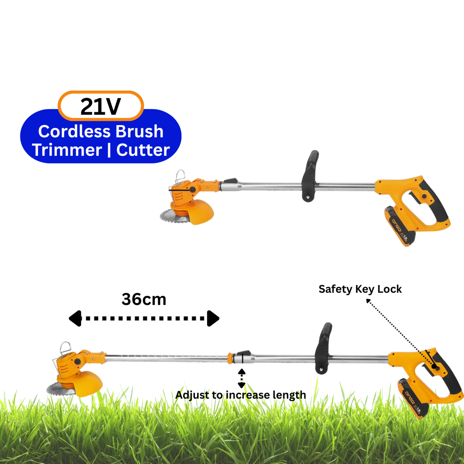 2026/06/1002888762.png - pricemagicgh.com Cordless 21V grass trimmer with orange body and yellow handle on a white background above grass edge