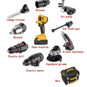 Collage of power tools with red labels naming each tool (hedge trimmer, blower, air pump, car wash gun, wrench, drill, grinder, chainsaw, box).