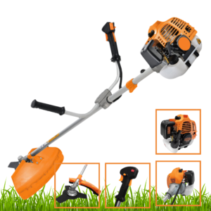 Gas-powered string trimmer with orange engine housing and long shaft over grass