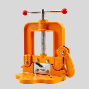 Orange C-clamp-style bench clamp with a vertical threaded rod and red knob ends, set against a gray background.