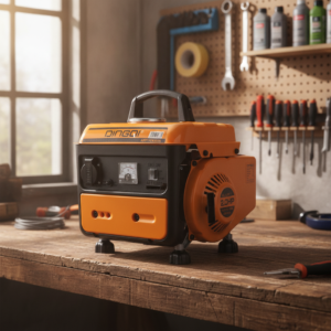 Portable orange generator on a wooden workbench in a workshop.