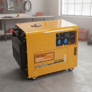 Yellow portable diesel generator on wheels in a workshop, with a control panel and blue outlets visible on the side.